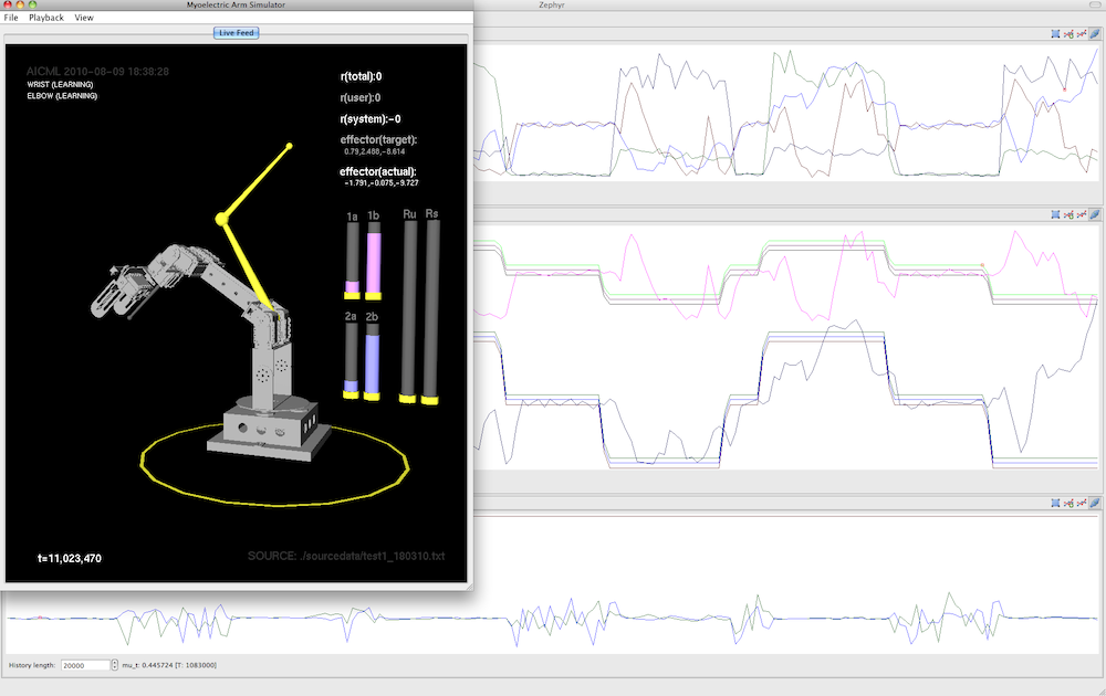 Zephyr displaying data from three sources: a robotic arm simulator, a reinforcement learning agent, and a set of data log files: